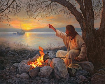 クリスチャン・イエス Painting - 魚を焼くイエス・キリスト